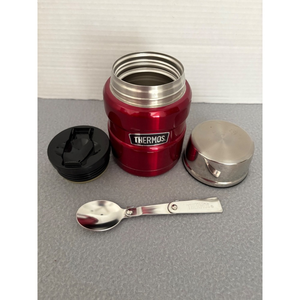 Thermos Stainless King Food Jar 16oz Red Vacuum Insulated with Folding Spoon